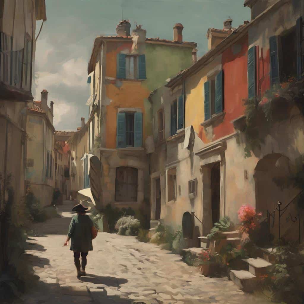 Ζωγραφική παραδοσιακής ελληνικής γειτονιάς, χρωματιστά σπίτια και πολιτιστική κληρονομιά, με έμφαση στην τέχνη και την ιστορία.