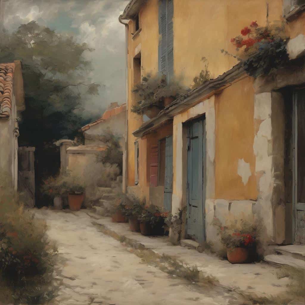 Παλιά παραδοσιακή ελληνική κατοικία σε γραφικό στενό δρομάκι με λουλουδιαστές γλάστρες και χαρακτηριστικά σπιτάκια.